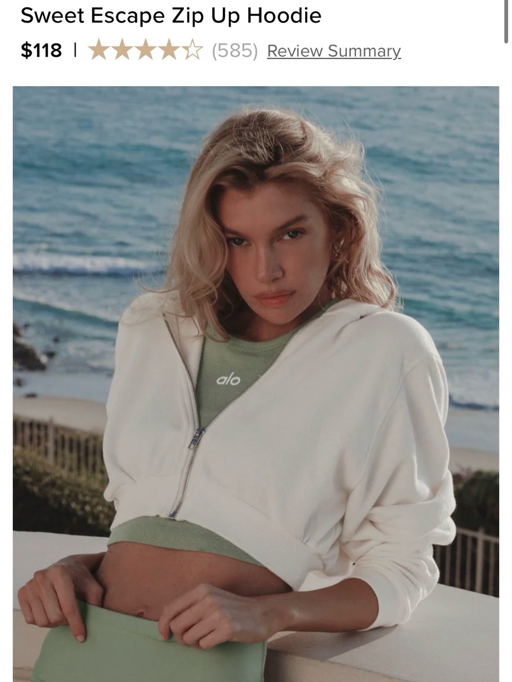 ALO Yoga White Zip-Up Cropped Hoodie
